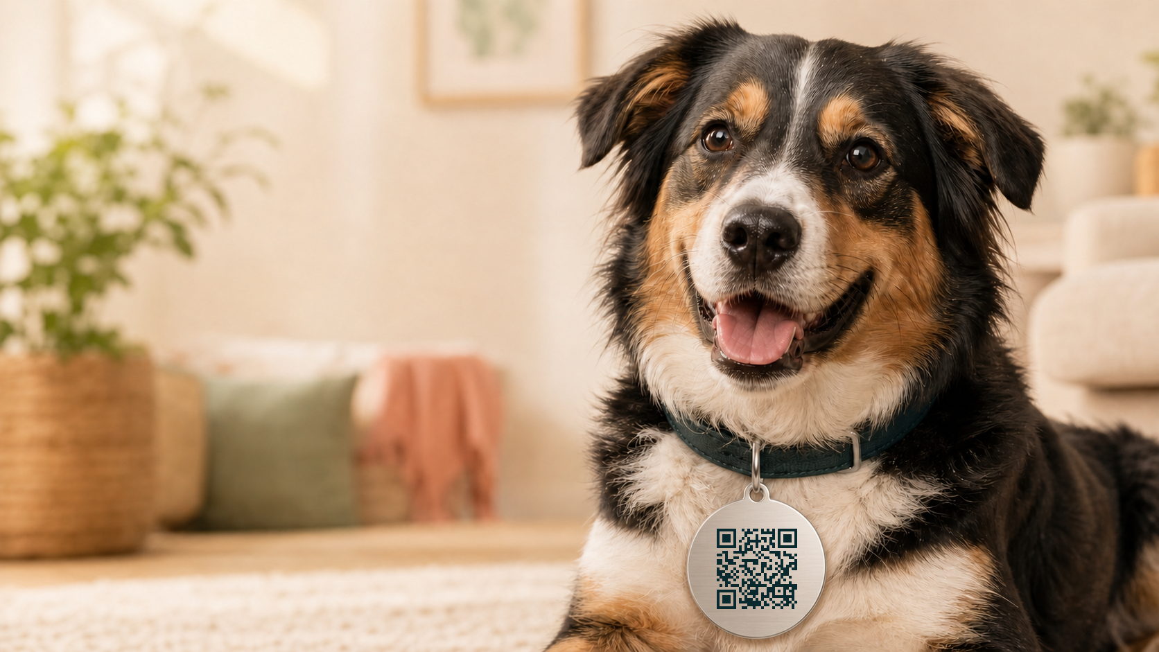 Sympathischer Hund trägt einen runden PetCall Edelstahlanhänger mit integriertem QR-Code vorne am Halsband